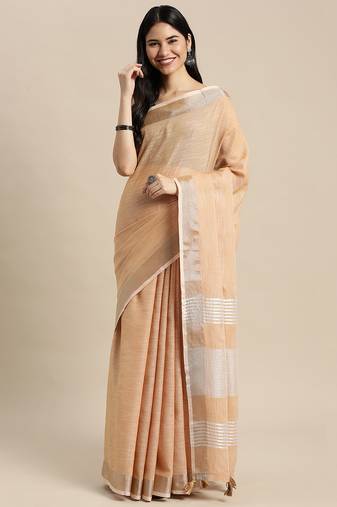 Elegant tan woven linen saree with contrast zari border & tassels     soft & breathable party wear