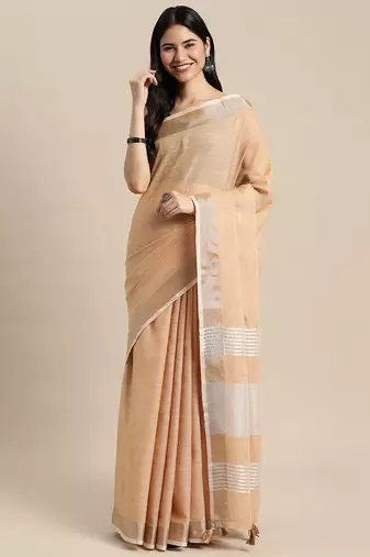 Elegant tan woven linen saree with contrast zari border & tassels     soft & breathable party wear