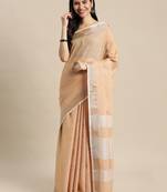 Elegant tan woven linen saree with contrast zari border & tassels     soft & breathable party wear