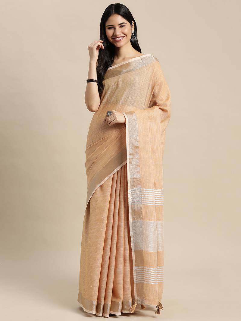 Elegant tan woven linen saree with contrast zari border & tassels     soft & breathable party wear