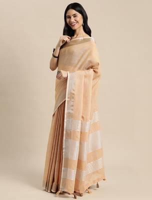 Elegant tan woven linen saree with contrast zari border & tassels  soft & breathable party wear 2