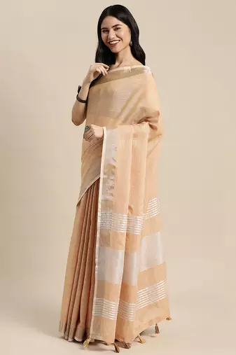 Elegant tan woven linen saree with contrast zari border & tassels  soft & breathable party wear