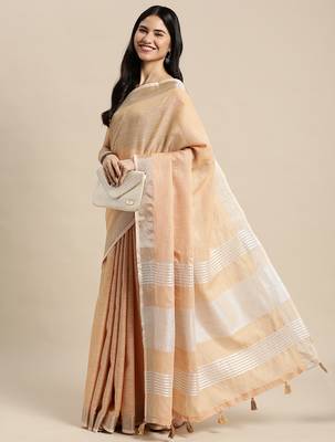 Elegant tan woven linen saree with contrast zari border & tassels  soft & breathable party wear 3