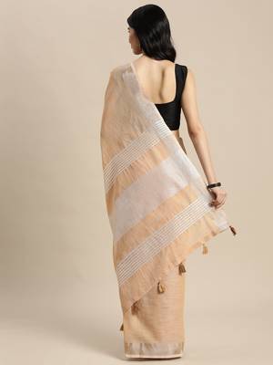 Elegant tan woven linen saree with contrast zari border & tassels  soft & breathable party wear 4