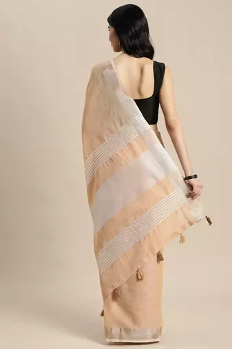 Elegant tan woven linen saree with contrast zari border & tassels  soft & breathable party wear