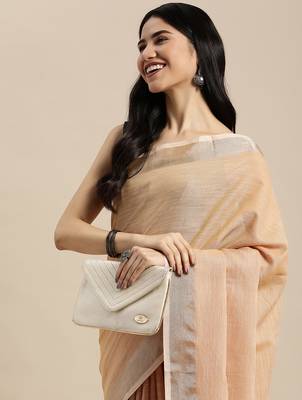 Elegant tan woven linen saree with contrast zari border & tassels  soft & breathable party wear 5