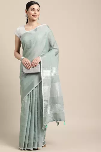 Elegant sea green woven linen saree with contrast zari border & tassels  soft & breathable party wear