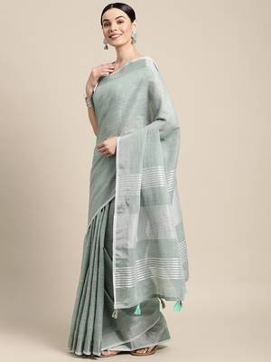 Elegant sea green woven linen saree with contrast zari border & tassels  soft & breathable party wear 3