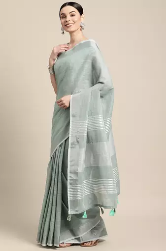 Elegant sea green woven linen saree with contrast zari border & tassels  soft & breathable party wear