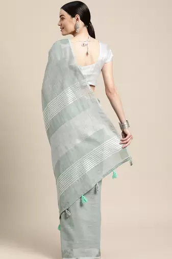 Elegant sea green woven linen saree with contrast zari border & tassels  soft & breathable party wear
