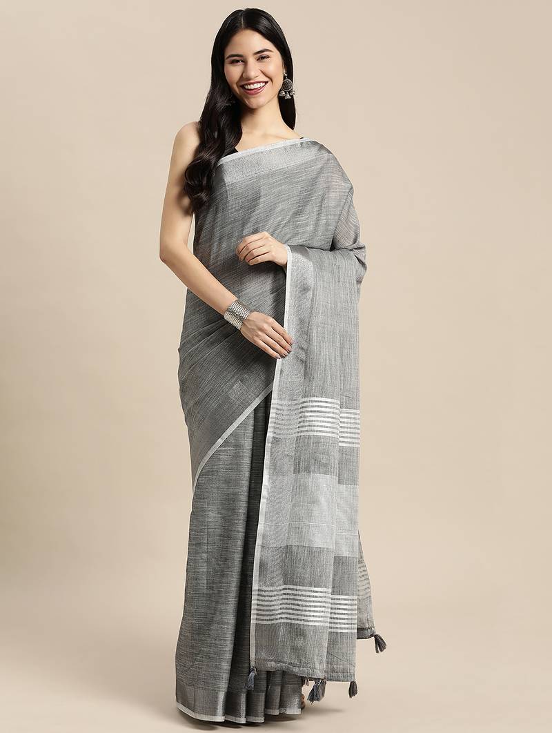 Elegant dark grey woven linen saree with contrast zari border & tassels     soft & breathable party wear