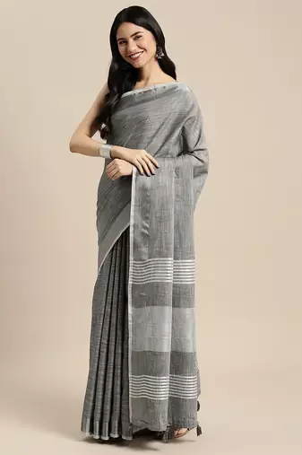 Elegant dark grey woven linen saree with contrast zari border & tassels  soft & breathable party wear