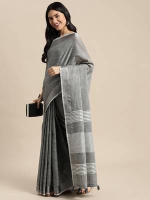 Elegant dark grey woven linen saree with contrast zari border & tassels  soft & breathable party wear 3