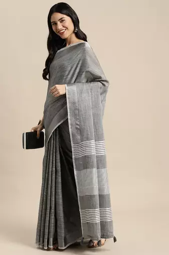 Elegant dark grey woven linen saree with contrast zari border & tassels  soft & breathable party wear