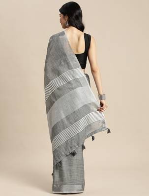 Elegant dark grey woven linen saree with contrast zari border & tassels  soft & breathable party wear 4