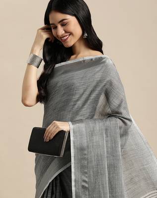 Elegant dark grey woven linen saree with contrast zari border & tassels  soft & breathable party wear 5