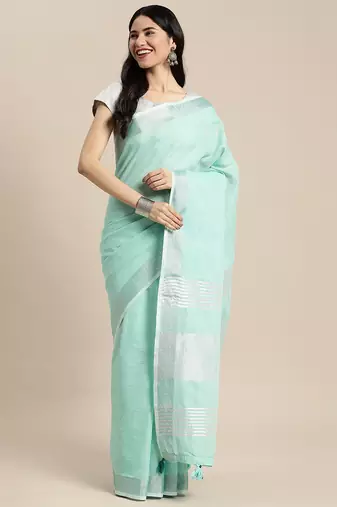 Elegant turquoise woven linen saree with contrast zari border & tassels     soft & breathable party wear