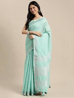 Elegant turquoise woven linen saree with contrast zari border & tassels  soft & breathable party wear 2