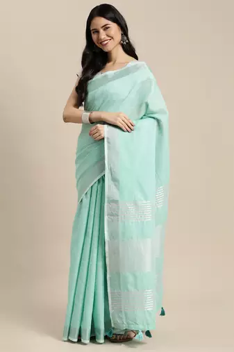 Elegant turquoise woven linen saree with contrast zari border & tassels  soft & breathable party wear
