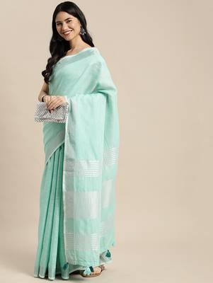 Elegant turquoise woven linen saree with contrast zari border & tassels  soft & breathable party wear 3