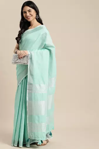 Elegant turquoise woven linen saree with contrast zari border & tassels  soft & breathable party wear