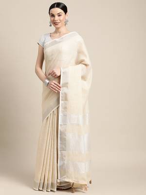Elegant beige woven linen saree with contrast zari border & tassels  soft & breathable party wear 3