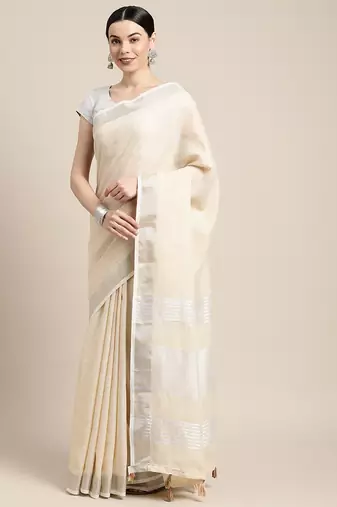 Elegant beige woven linen saree with contrast zari border & tassels  soft & breathable party wear