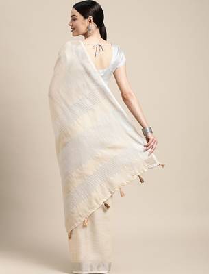 Elegant beige woven linen saree with contrast zari border & tassels  soft & breathable party wear 5