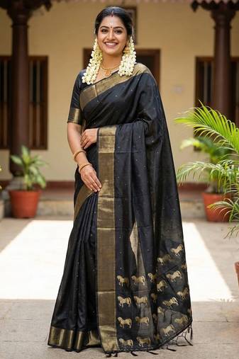 Stunning black soft silk saree with gold zari & galloping horse motifs