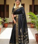 Stunning black soft silk saree with gold zari & galloping horse motifs