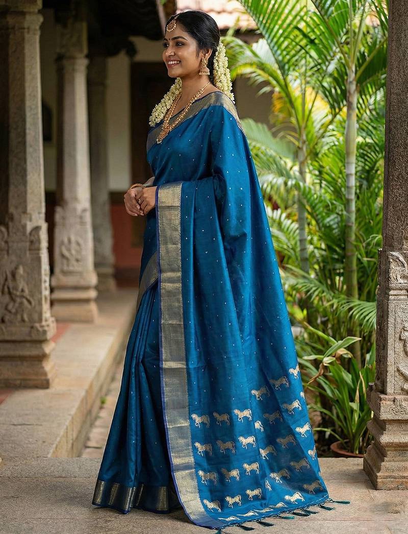 Peacock teal blue soft silk saree | royal ashwa design & zari border