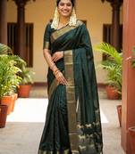 Dark bottle green soft silk saree | traditional temple border & horse motif