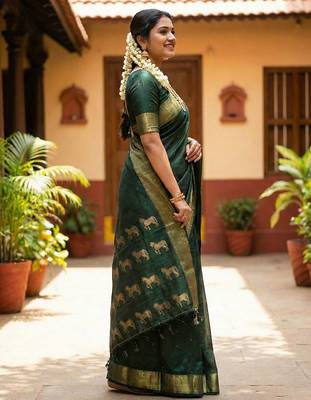 Dark bottle green soft silk blend saree  3