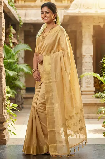 Golden beige soft silk saree with horse motifs | elegant tussar tone