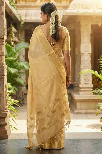 Golden beige soft silk blend saree with horse motifs 