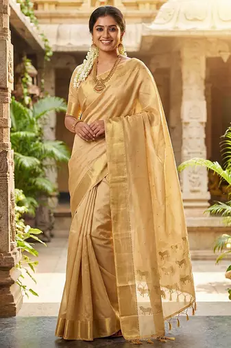 Golden beige soft silk blend saree with horse motifs 