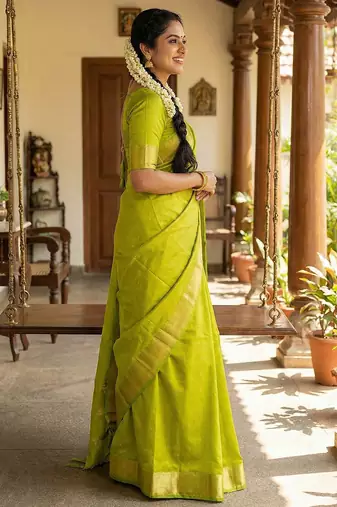 Lively parrot green soft silk blend saree 