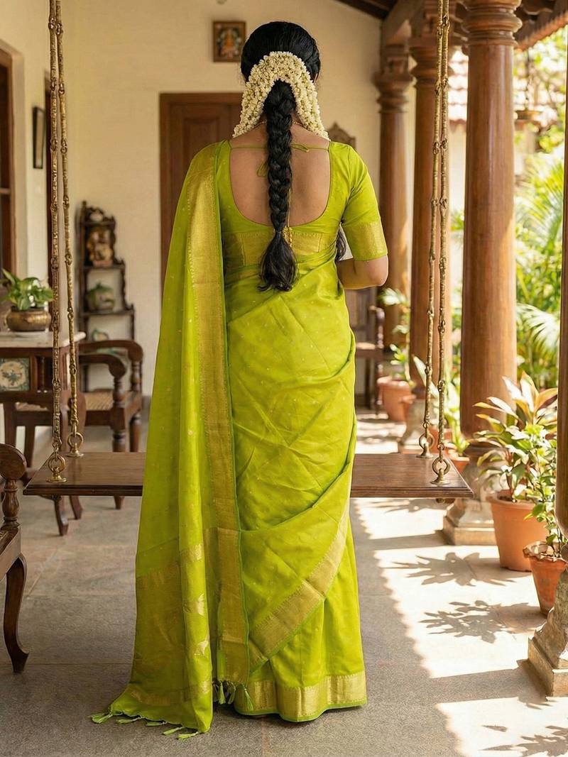 Lively parrot green soft silk saree | mehndi wear with ashwa motifs