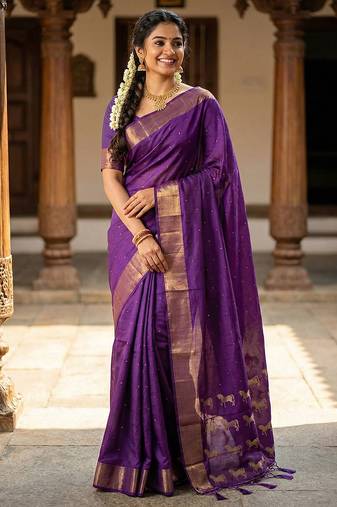 Majestic purple soft silk saree | violet zari saree with horse pattern