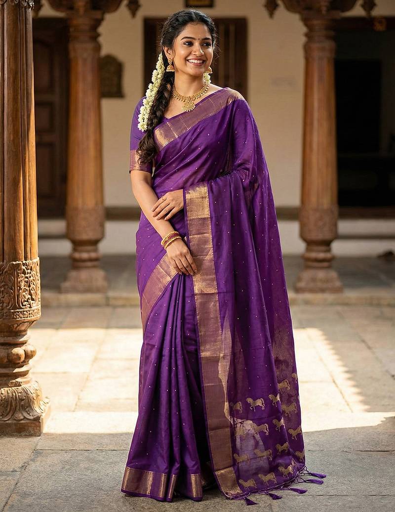 Majestic purple soft silk saree | violet zari saree with horse pattern