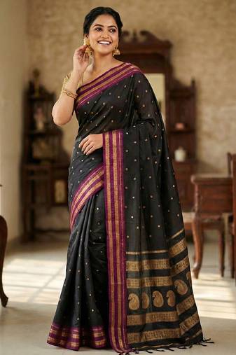 The midnight luxurious black soft silk saree with magenta & gold zari border