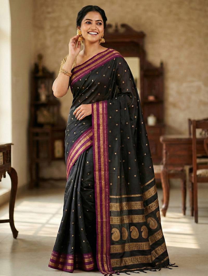 The midnight luxurious black soft silk saree with magenta & gold zari border