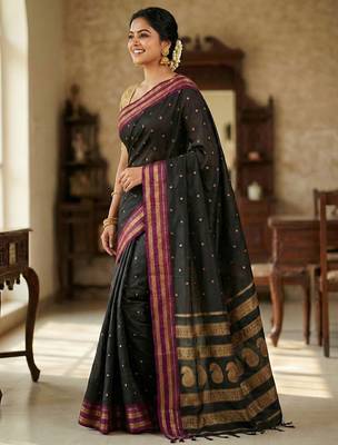 The midnight luxurious black soft silk blend saree with magenta & gold zari border 2