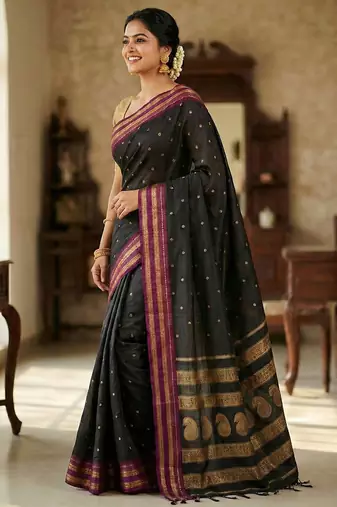 The midnight luxurious black soft silk blend saree with magenta & gold zari border