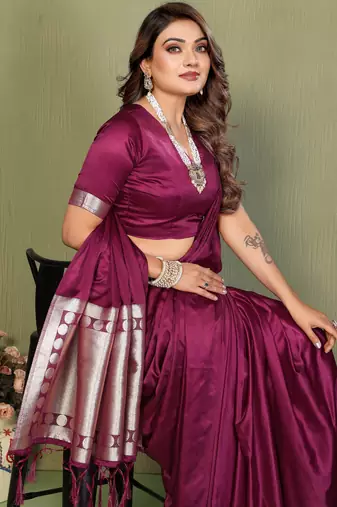 Wine Color Hand Dyed With Zari Woven Satin Silk Saree