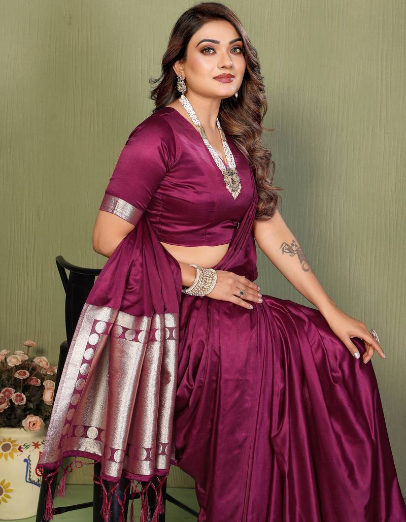 Wine Color Hand Dyed With Zari Woven Satin Silk Saree