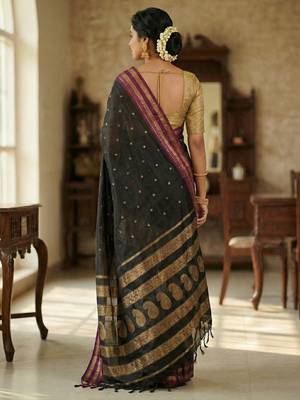 The midnight luxurious black soft silk blend saree with magenta & gold zari border 3