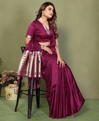 Wine Color Hand Dyed With Zari Woven Satin Silk Saree 2