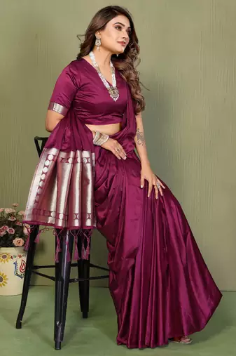 Wine Color Hand Dyed With Zari Woven Satin Silk Saree