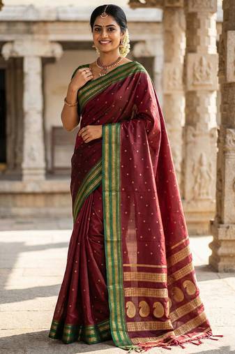 The regal ruby: deep maroon soft silk saree with contrast emerald green border